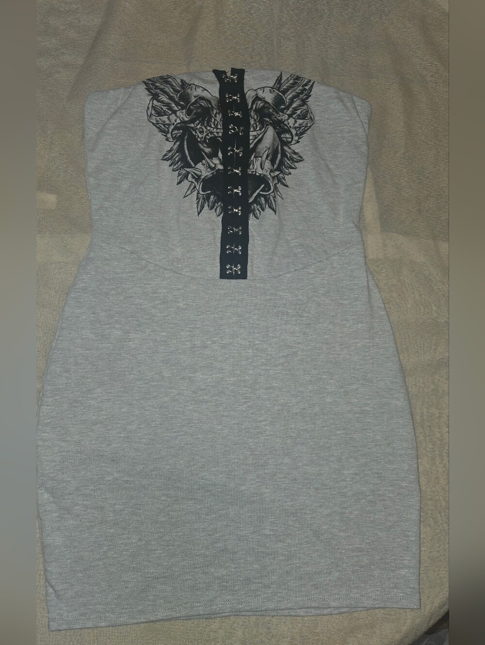 Fashion Nova Grey Strapless Bodycon Dress with Black Back Graphic